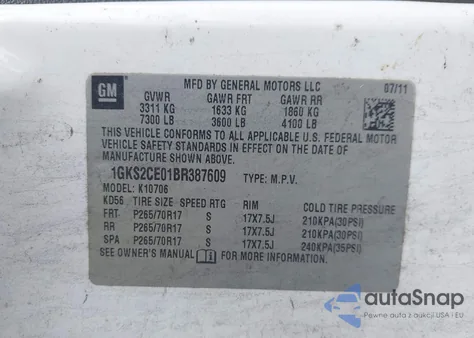 2011 GMC Yukon Slt из США, поврежденный, VIN 1GKS2CE01BR387609